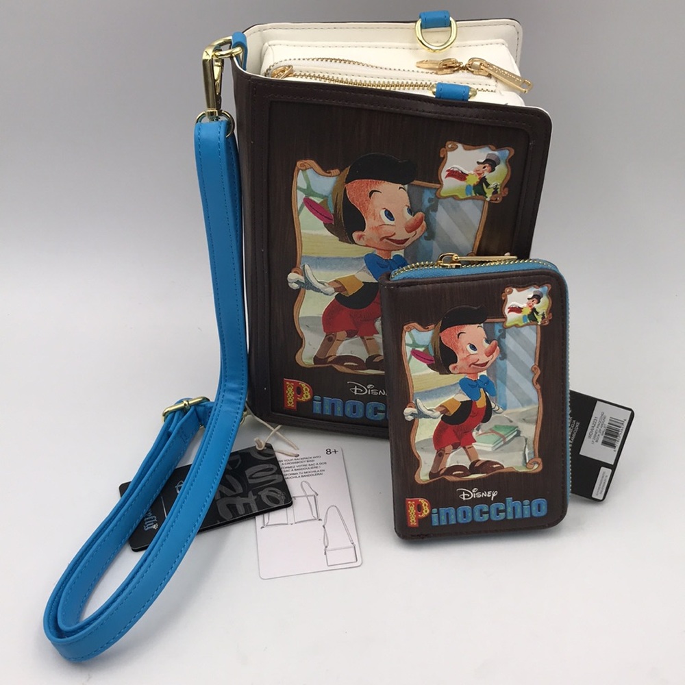 Loungefly Pinocchio Storybook Convertible Backpack Crossbody Bag & Zip Wallet